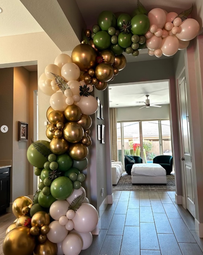 Green and gold organic balloon garland by AZ Party Mart
