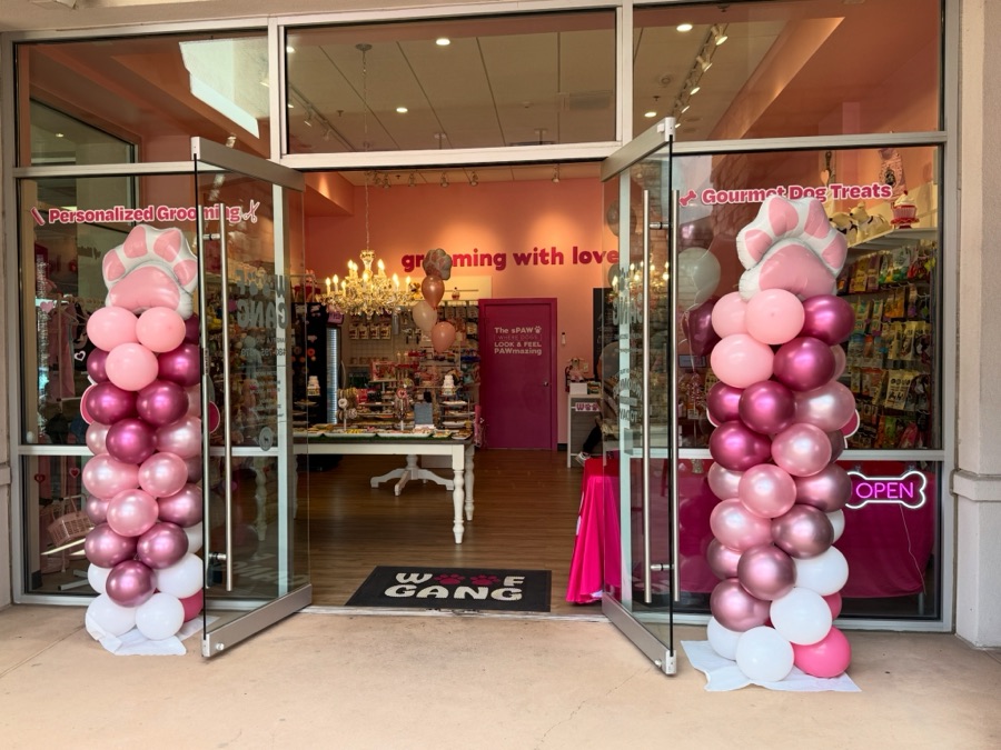 Pink and rose balloon columns flanking a storefront entrance by AZ Party Mart