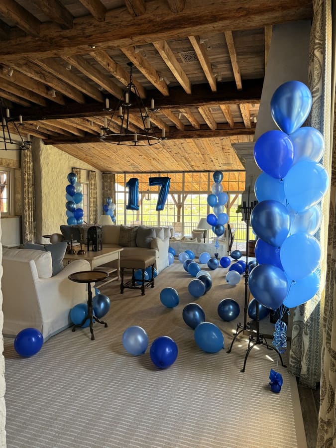 Blue balloon ceiling feature by AZ Party Mart