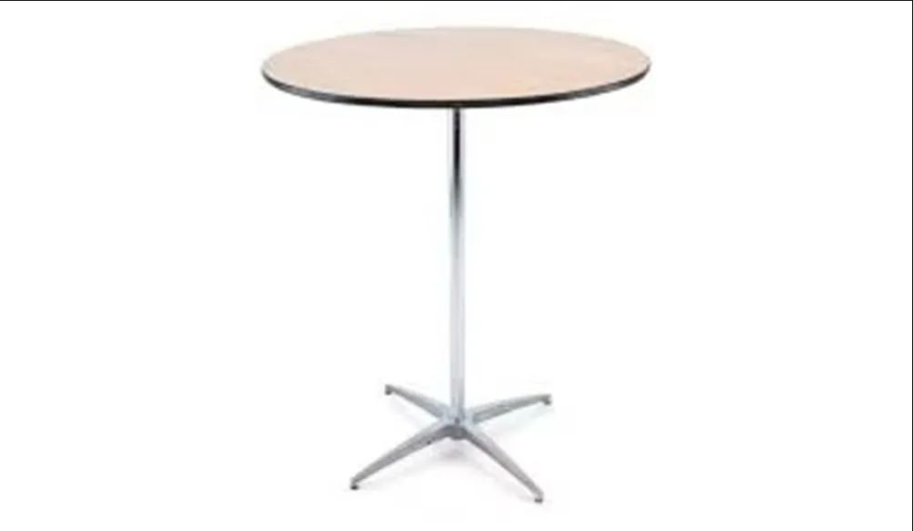 36 inch round cocktail table with wood top and chrome pedestal base