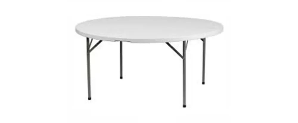 60 inch round rental table with white top and steel folding legs
